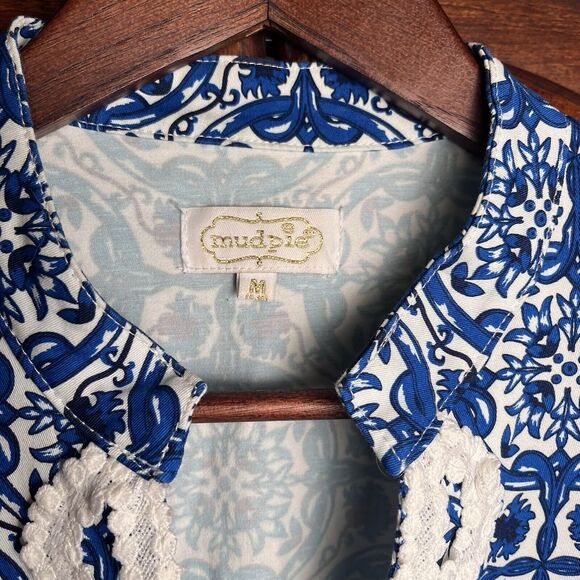 Mud Pie Sleeveless Embroidered Blue Paisley Shift Dress Cotton Stretch Medium - Picture 7 of 14